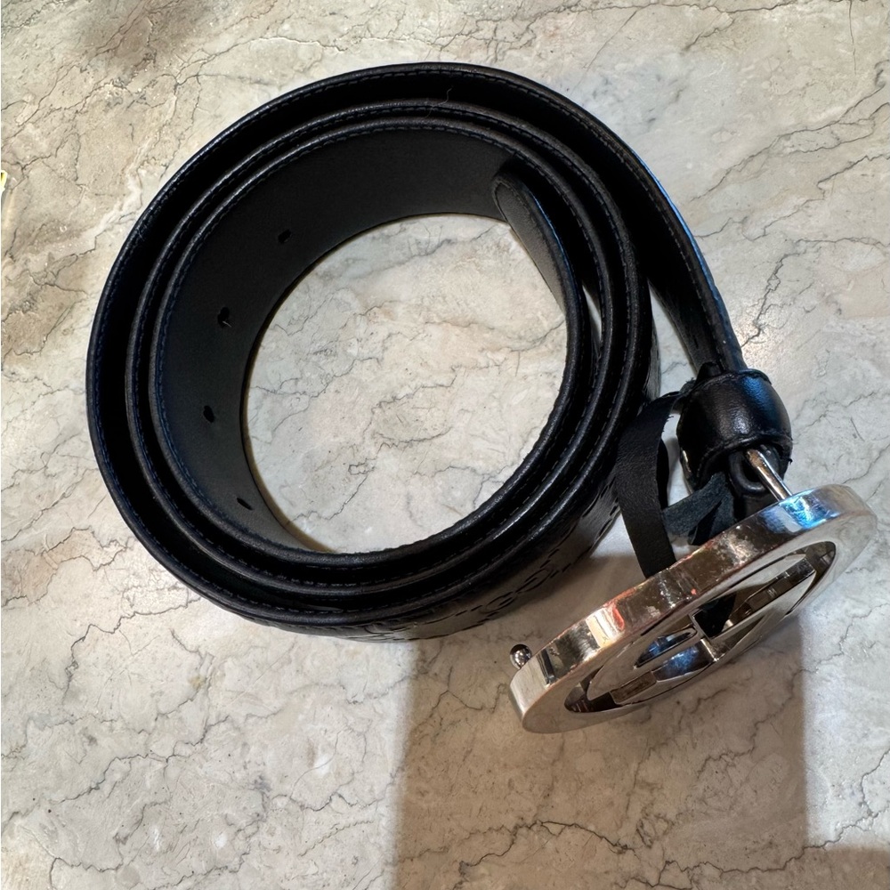 Gucci Silver GG Black Leather Guccissima Belt 95/38 - Picture 2 of 14